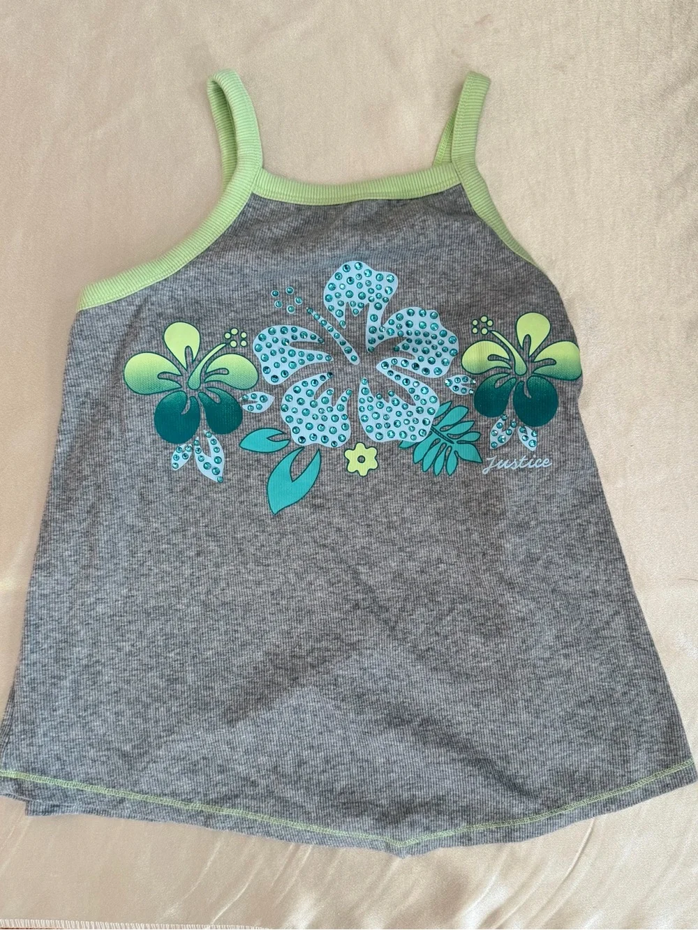 Justice Girls Ribbed Tank Top with Floral Rhinestone Graphic, XL  16/18 Y2K